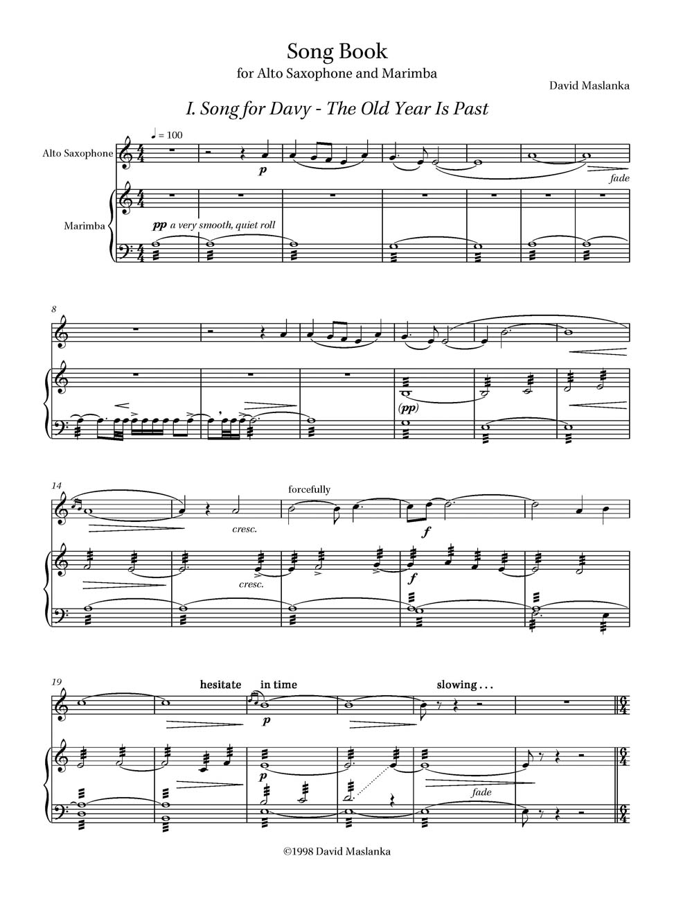 Song Book For Alto Saxophone And Marimba David Maslanka